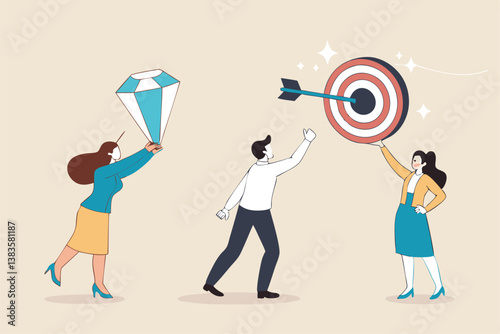 Mission, vision and value, company statement to drive success, strategy plan or leadership principle for employee to reach target concept, business people holding mission, vision and value elements.