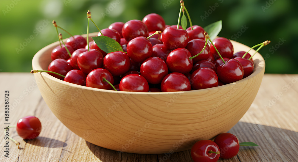 Bowl Of Fresh Red Cherries On Wooden Table Background Outdoors Bowl Of Fresh Red Cherries On Wooden Table Background Outdoors
