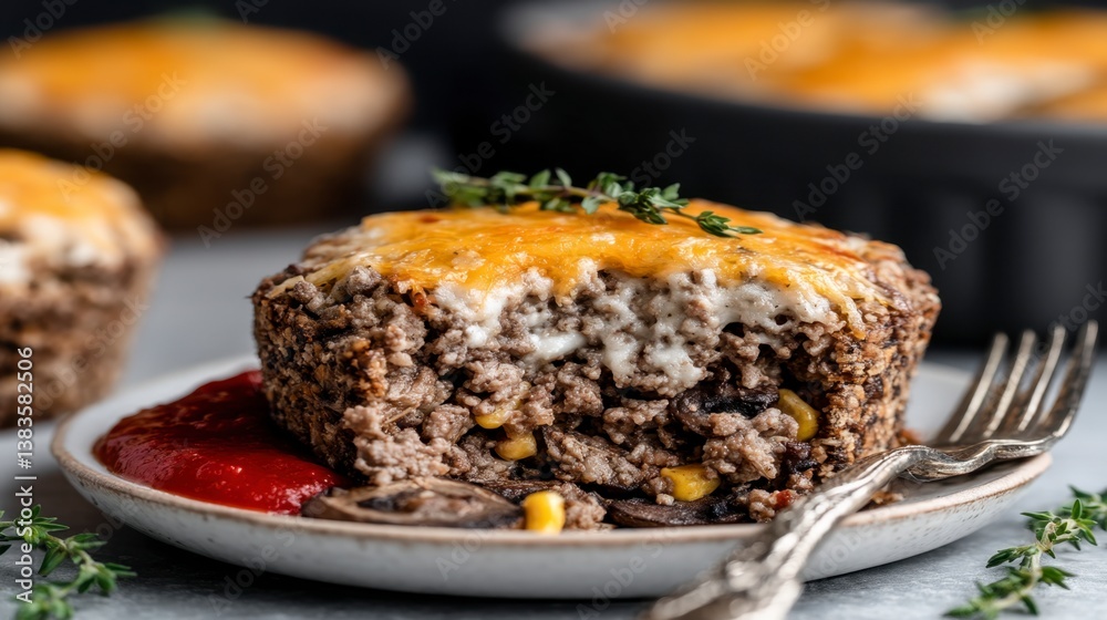 Close up of a savory meatloaf muffin with melted cheese, corn, and mushrooms, served with ketchup on a gray plate. Close up of a savory meatloaf muffin with melted cheese, corn, and mushrooms, served with ketchup on a gray plate.