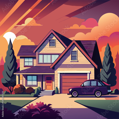 Cozy Evening Home Scene with a Blue Sedan
