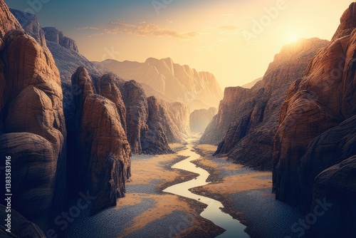 River winding through sandstone canyon at sunset; mountains and bright sky in the background
