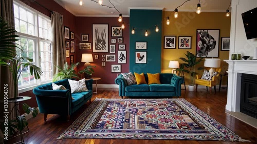 This stylish living room showcases a harmonious blend of bold colors, plush seating, and artistic decor elements creating a warm, inviting atmosphere