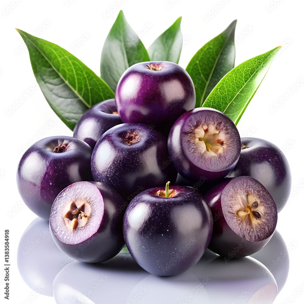 Obraz premium A hyper-realistic, high-resolution image of fresh acai berries, deep purple and glossy, with some whole berries clustered together and others cut open to reveal the dark purple pulp, isolated on a pur