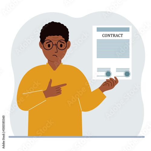 A man holds in his hands a finished sample of a contract with seals.