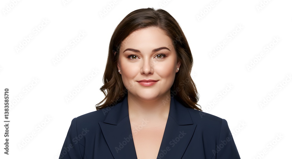 Professional woman with a confident smile, dark hair, wearing a suit jacket, posing in front of a white background, portrait style Professional woman with a confident smile, dark hair, wearing a suit jacket, posing in front of a white background, portrait style