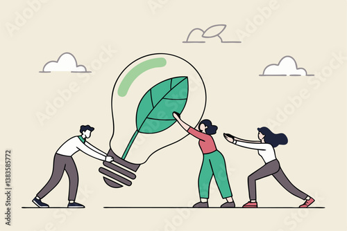 Sustainability, ESG, eco environment friendly or clean energy solution, green renewable power, reuse or recycle ecosystem, green corporate concept, people employees carry ESG, sustainable lightbulb.
