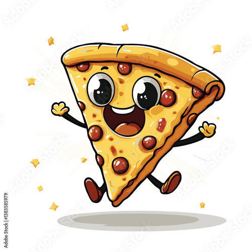 Cartoon happy pizza slice character with pepperoni and cheerful expression