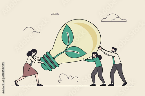 Sustainability, ESG, eco environment friendly or clean energy solution, green renewable power, reuse or recycle ecosystem, green corporate concept, people employees carry ESG, sustainable lightbulb.