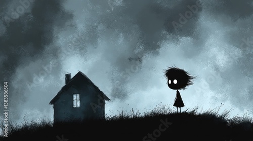 Silhouetted girl, stormy night, small house, contemplation photo