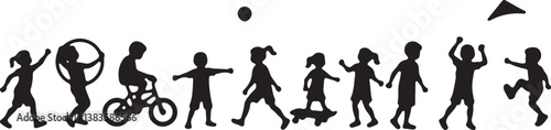 kids playing silhouette, children silhouette, outdoor activity clipart, playground SVG, kids sports vector, children riding bike, jumping rope clipart, kite flying silhouette, playing ball SVG, skateb