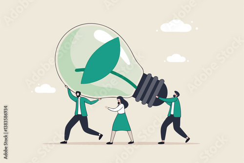 Sustainability, ESG, eco environment friendly or clean energy solution, green renewable power, reuse or recycle ecosystem, green corporate concept, people employees carry ESG, sustainable lightbulb.