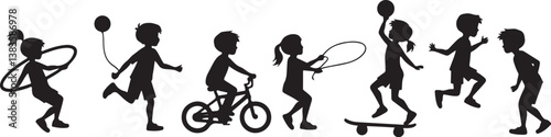 kids playing silhouette, children silhouette, outdoor activity clipart, playground SVG, kids sports vector, children riding bike, jumping rope clipart, kite flying silhouette, playing ball SVG, skateb