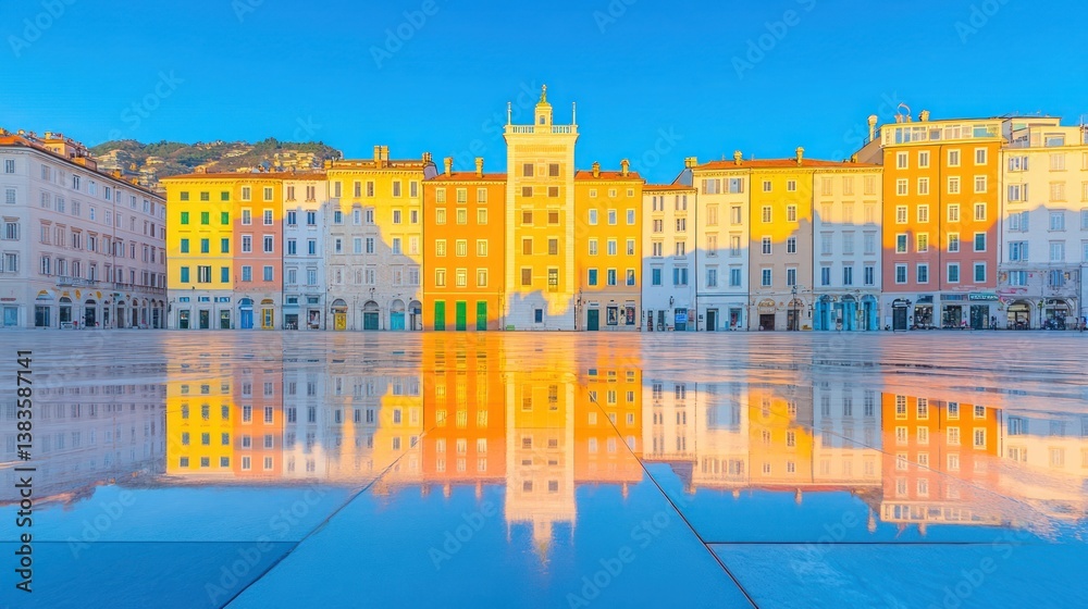 Reflective sunrise over Piazza Unit? d'Italia in Trieste, Italy