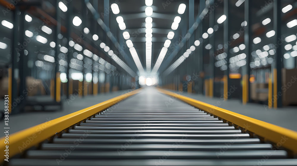 Fototapeta premium A modern warehouse interior featuring a long conveyor belt leading towards bright lights in the distance, emphasizing industrial efficiency and organization.