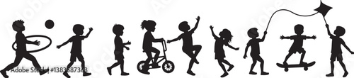 kids playing silhouette, children silhouette, outdoor activity clipart, playground SVG, kids sports vector, children riding bike, jumping rope clipart, kite flying silhouette, playing ball SVG, skateb