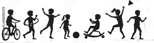 kids playing silhouette, children silhouette, outdoor activity clipart, playground SVG, kids sports vector, children riding bike, jumping rope clipart, kite flying silhouette, playing ball SVG, skateb