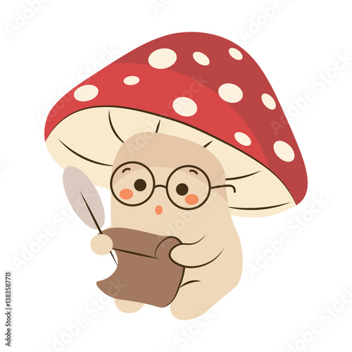 Flat style illustration of a cute fly agaric mushroom character with glasses writing on a scroll, ideal for fantasy stories, magical forest themes, and educational childrens projects.