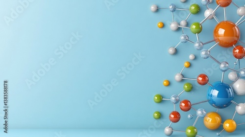 Abstract Colorful Molecular Structure on Blue Background: A 3D Render of vibrant spheres connected by metallic rods, illustrating complex interconnections and networks.