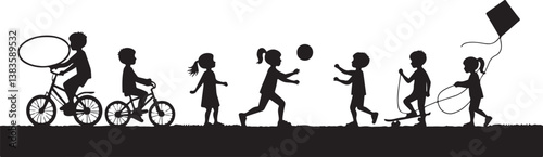 kids playing silhouette, children silhouette, outdoor activity clipart, playground SVG, kids sports vector, children riding bike, jumping rope clipart, kite flying silhouette, playing ball SVG, skateb