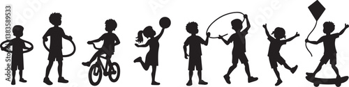 kids playing silhouette, children silhouette, outdoor activity clipart, playground SVG, kids sports vector, children riding bike, jumping rope clipart, kite flying silhouette, playing ball SVG, skateb