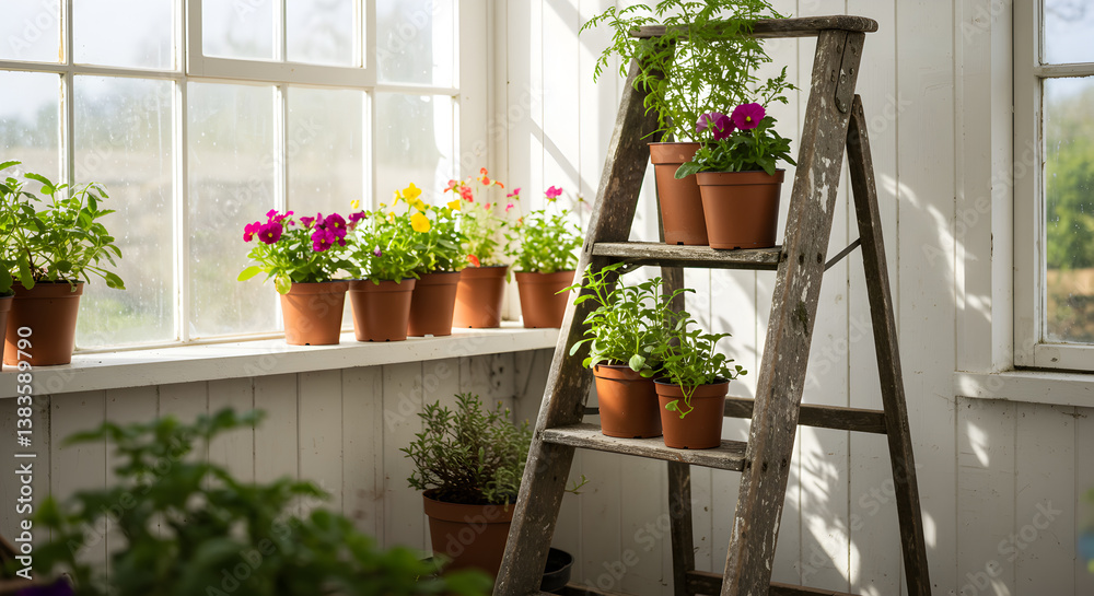 Fototapeta premium Rustic Ladder Used As A Plant Display In A Bright Greenhouse Interior