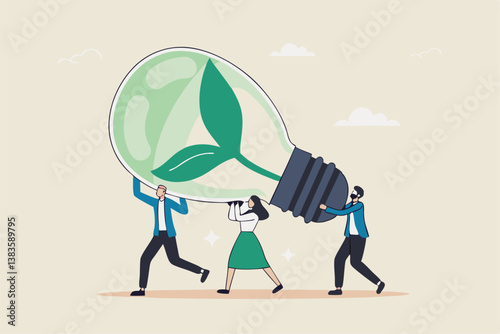 Sustainability, ESG, eco environment friendly or clean energy solution, green renewable power, reuse or recycle ecosystem, green corporate concept, people employees carry ESG, sustainable lightbulb.