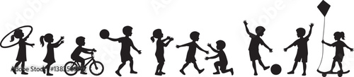 kids playing silhouette, children silhouette, outdoor activity clipart, playground SVG, kids sports vector, children riding bike, jumping rope clipart, kite flying silhouette, playing ball SVG, skateb