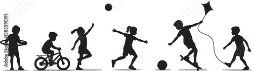 kids playing silhouette, children silhouette, outdoor activity clipart, playground SVG, kids sports vector, children riding bike, jumping rope clipart, kite flying silhouette, playing ball SVG, skateb