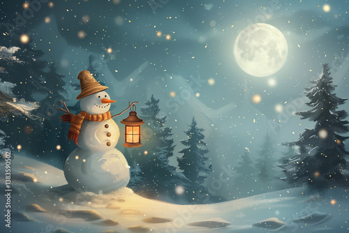 A snowman holding a lantern, standing at the edge of a snowy forest illuminated by a full moon.