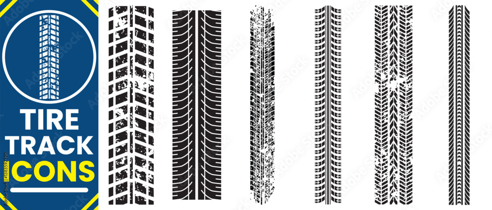Fototapeta premium Car tire tracks vector, icon design. Tire tracks, rubber wheels, and braking marks. Truck, car, or motorcycle tread pattern silhouettes. Perfect for auto racing, motorsport, and speed-related designs.