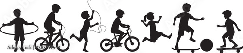 kids playing silhouette, children silhouette, outdoor activity clipart, playground SVG, kids sports vector, children riding bike, jumping rope clipart, kite flying silhouette, playing ball SVG, skateb