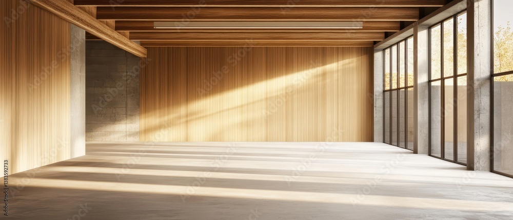 Fototapeta premium Modern interior space with wooden walls and natural light.