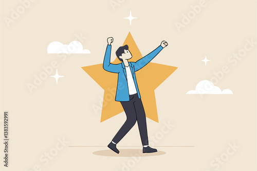Star employee, success leader or confidence, high performance staff or achievement, evaluation or award winning, quality concept, confidence businessman with excellent golden star.