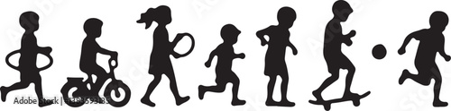 kids playing silhouette, children silhouette, outdoor activity clipart, playground SVG, kids sports vector, children riding bike, jumping rope clipart, kite flying silhouette, playing ball SVG, skateb