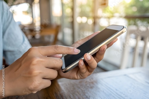person using smartphone in a cafe. 