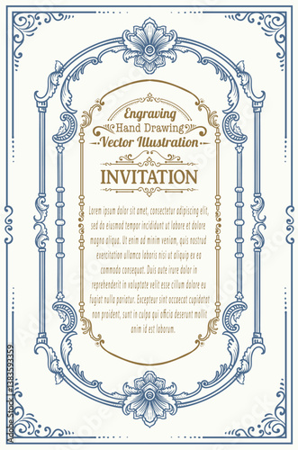 Illustration Elegant Vintage Engraving Invitation Frame with Scrollwork and Customizable Text Areas.