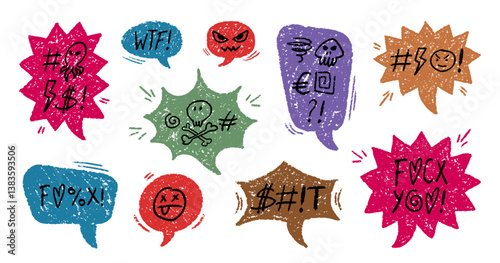 Crayon Speech Bubbles with Abstract Swear Words Vector Set. Chalk Scribble Talking Clouds Collection. Hand Drawn Rude Curse Angry Expressions. Pencil Emphasis Elements Charcoal Doodle Talk Balloons
