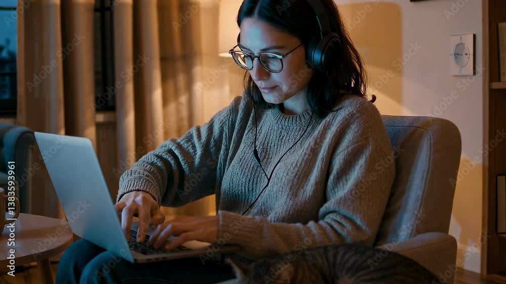 Jeune femme en pull tricoté travaillant sur ordinateur portable chez elle en soirée, casque sur les oreilles, tasse de café à côté et chat endormi sur le fauteuil
