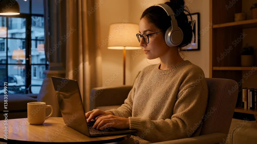Jeune femme concentrée travaillant sur son ordinateur portable dans un salon chaleureux en soirée, casque audio sur les oreilles, tasse de café et chat roux dormant sur le canapé