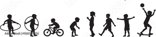 kids playing silhouette, children silhouette, outdoor activity clipart, playground SVG, kids sports vector, children riding bike, jumping rope clipart, kite flying silhouette, playing ball SVG, skateb