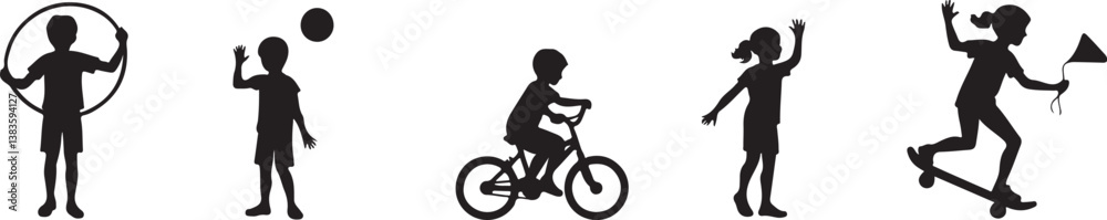 Fototapeta premium kids playing silhouette, children silhouette, outdoor activity clipart, playground SVG, kids sports vector, children riding bike, jumping rope clipart, kite flying silhouette, playing ball SVG, skateb