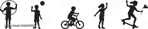 kids playing silhouette, children silhouette, outdoor activity clipart, playground SVG, kids sports vector, children riding bike, jumping rope clipart, kite flying silhouette, playing ball SVG, skateb
