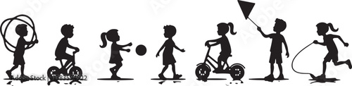 kids playing silhouette, children silhouette, outdoor activity clipart, playground SVG, kids sports vector, children riding bike, jumping rope clipart, kite flying silhouette, playing ball SVG, skateb