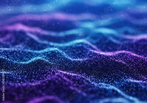 A vibrant, abstract depiction of flowing particles in shades of blue and purple.