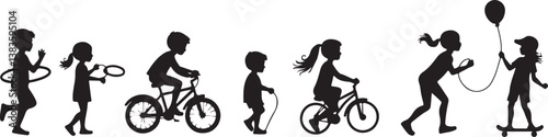kids playing silhouette, children silhouette, outdoor activity clipart, playground SVG, kids sports vector, children riding bike, jumping rope clipart, kite flying silhouette, playing ball SVG, skateb