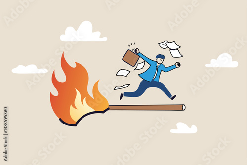 Toxic productivity, panic or burnout employee, overworked to finish work within timeline, hurry to complete multitasking or urgent work schedule concept, productive businessman on burning matchstick.