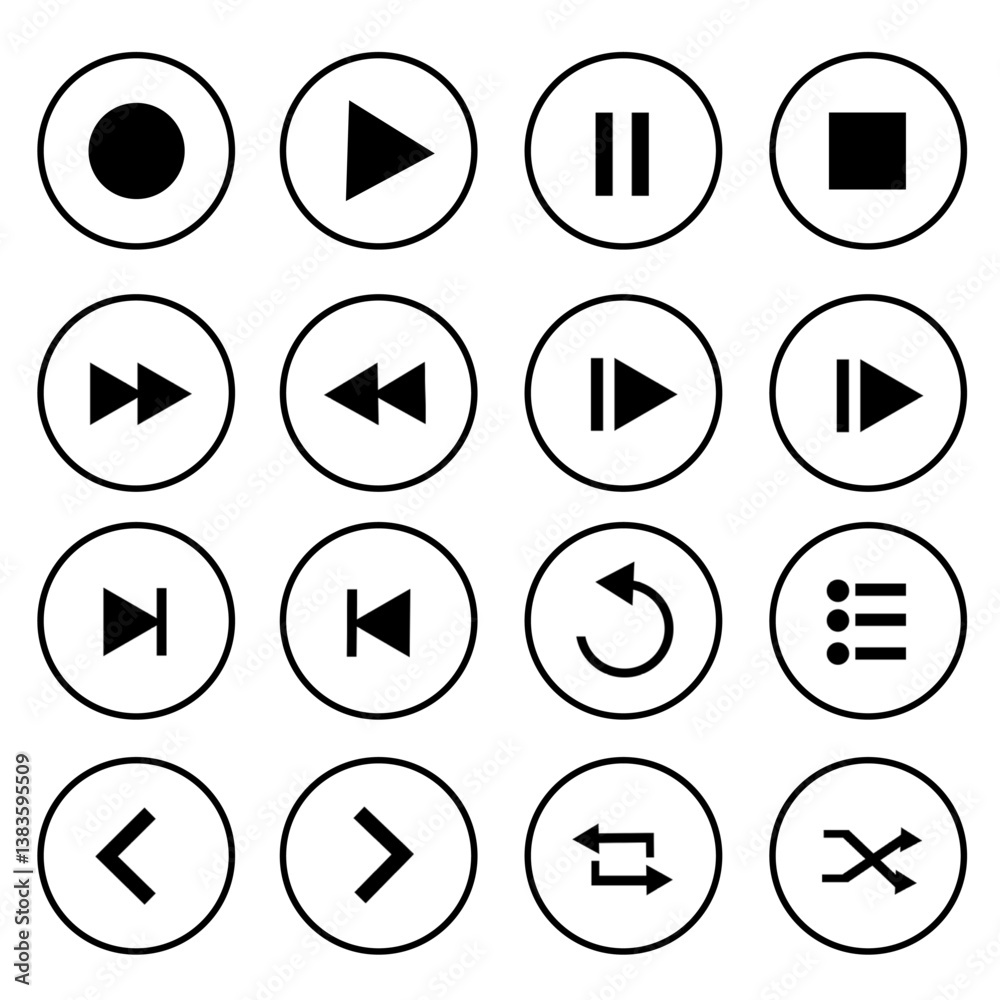 repeat, paly, stop, pause, previous, next, shuffle, icon set, collection of music and video play repeat, paly, stop, pause, previous, next, shuffle, icon set, collection of music and video play