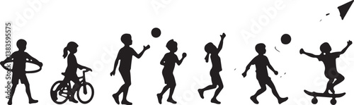 kids playing silhouette, children silhouette, outdoor activity clipart, playground SVG, kids sports vector, children riding bike, jumping rope clipart, kite flying silhouette, playing ball SVG, skateb