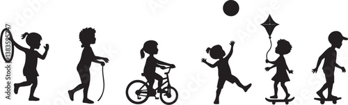 kids playing silhouette, children silhouette, outdoor activity clipart, playground SVG, kids sports vector, children riding bike, jumping rope clipart, kite flying silhouette, playing ball SVG, skateb