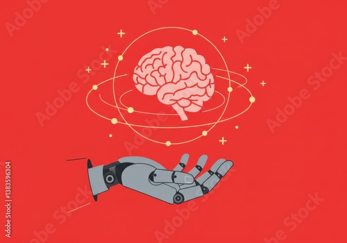 An illustration depicting a robotic hand holding a human brain on a bright red background.
